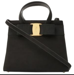 Salvatore Ferragamo Vara bow black suede bag. Top handle bag plus crossbody bag